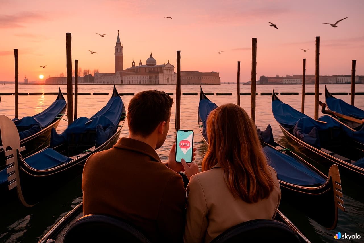 Kanālu karte telefonā, gondolas šūpojas pie Sv. Marka. Palieciet saziņā ar eSim
