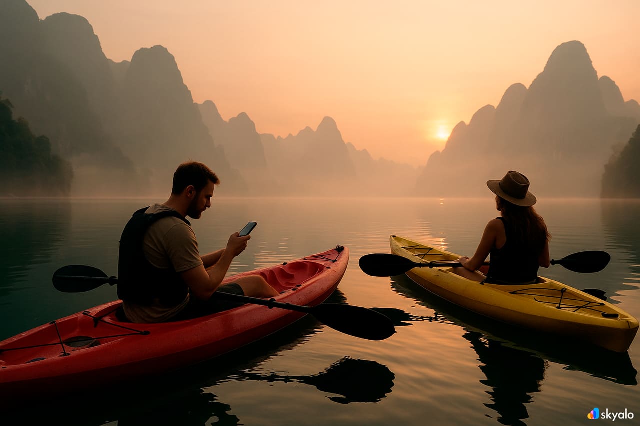 Kayak pagi di Khao Sok — trek direkodkan melalui eSIM Skyalo