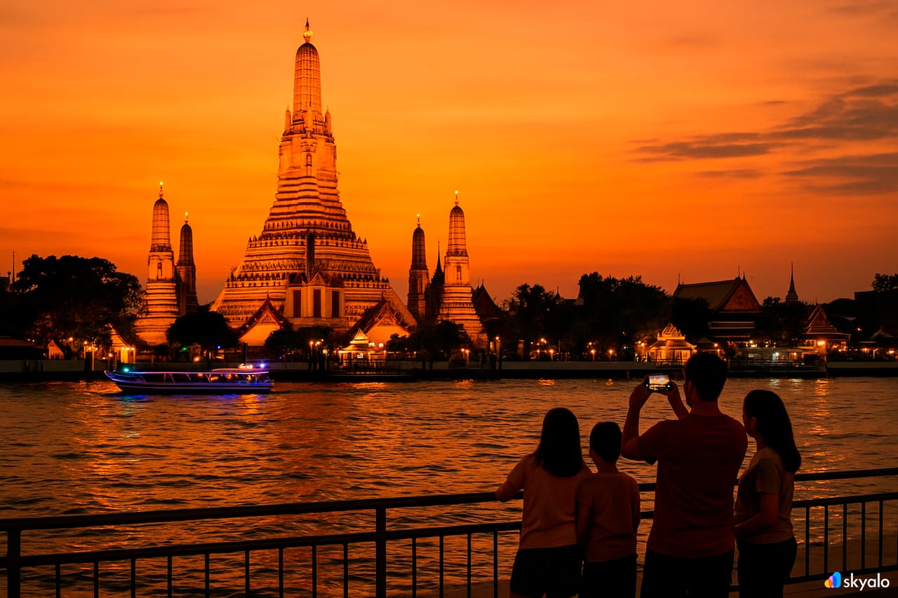 Het gezin filmt de zonsondergang bij Wat Arun