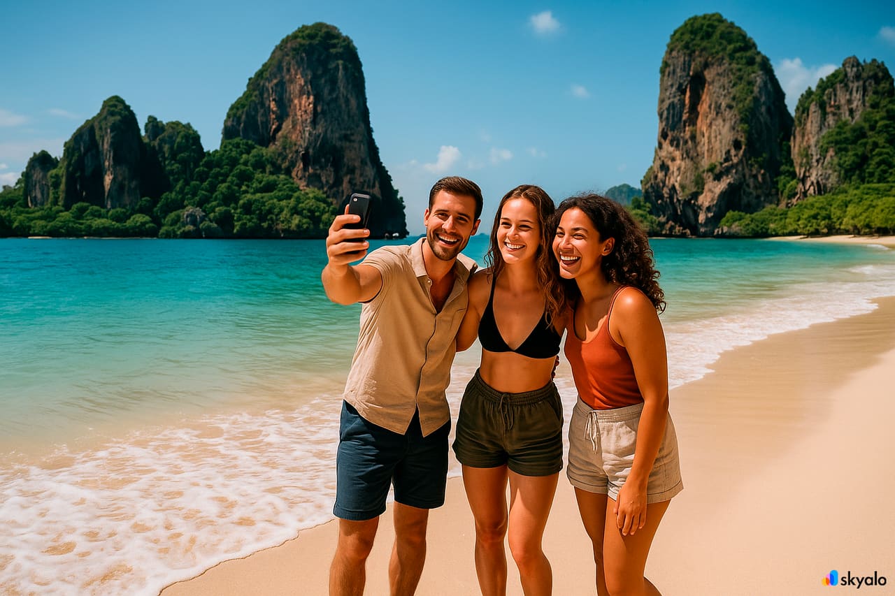 Nhóm bạn bên vách đá Railay — biển, cát trắng, tự do